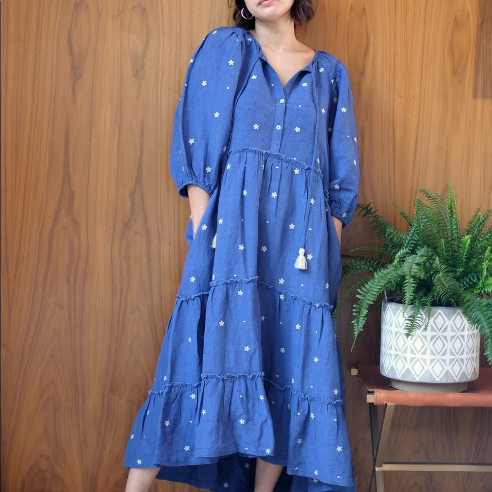 Harper Sage secret garden dress cobalt blue flower embroidery puff sleeves